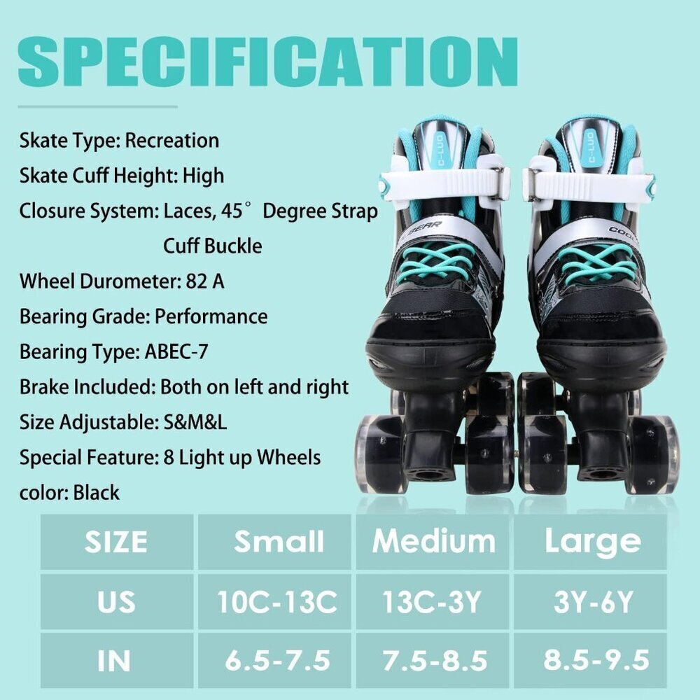 Sowume Kids Black Adjustable 8 Wheels Shine Safe And Fun Illuminating Skates - Picture 6 of 7